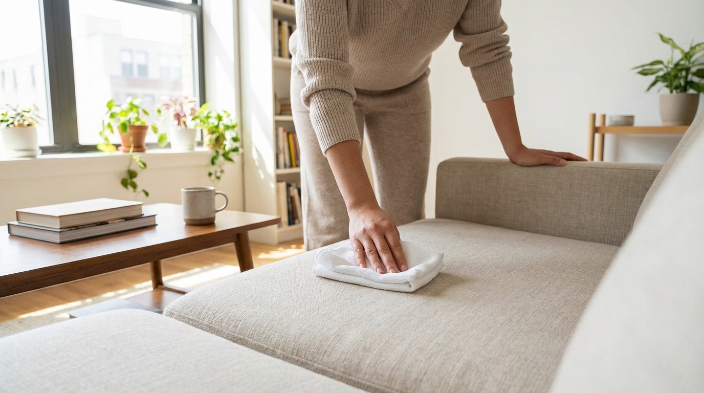 Látková sedačka při šetrném domácím čištění mikrovláknovou utěrkou v běžném bytě