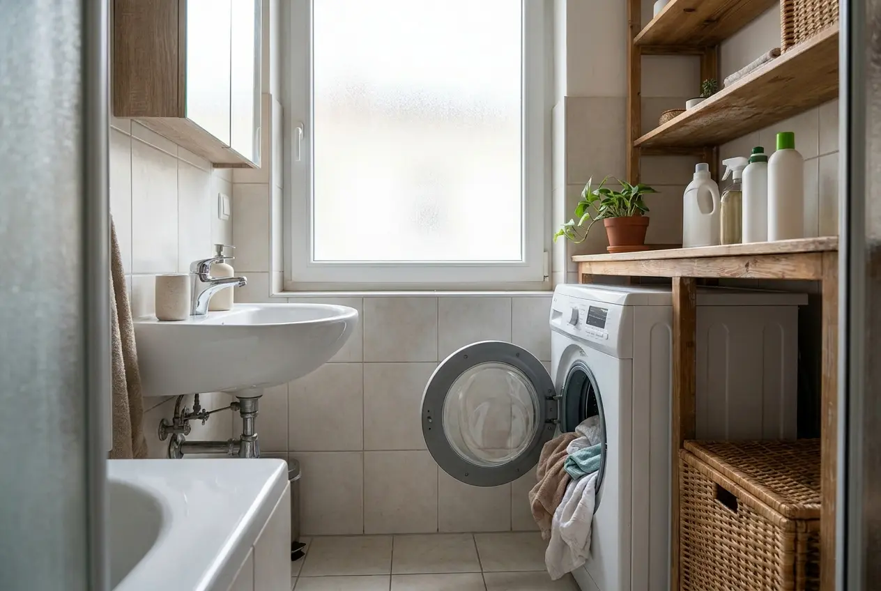Washing machine smell: seal, filter, drawer Světlá koupelna s předem plněnou pračkou a otevřenými dvířky.