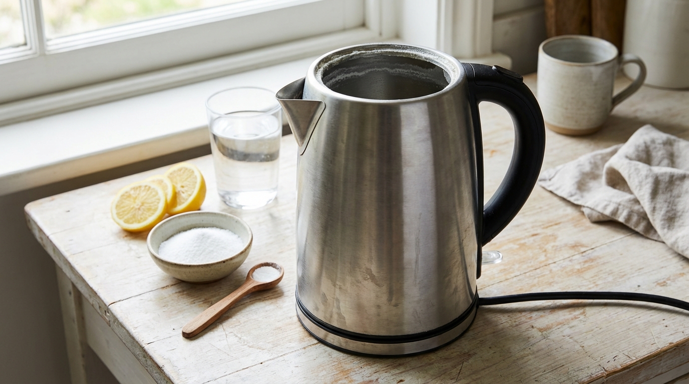 Rychlovarná konvice s viditelným vodním kamenem a prostředky pro bezpečné odvápnění v domácí kuchyni
