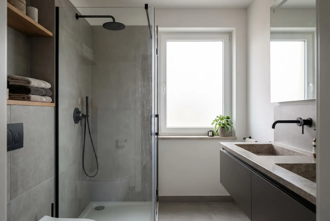Remove limescale from black faucet safely Moderní koupelna se skleněným sprchovým koutem a černými armaturami.