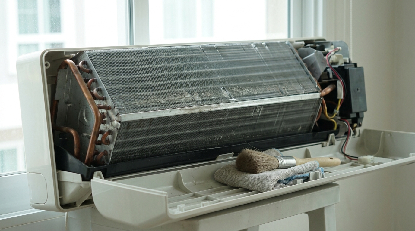 Close-up of an indoor air conditioning unit with exposed fins