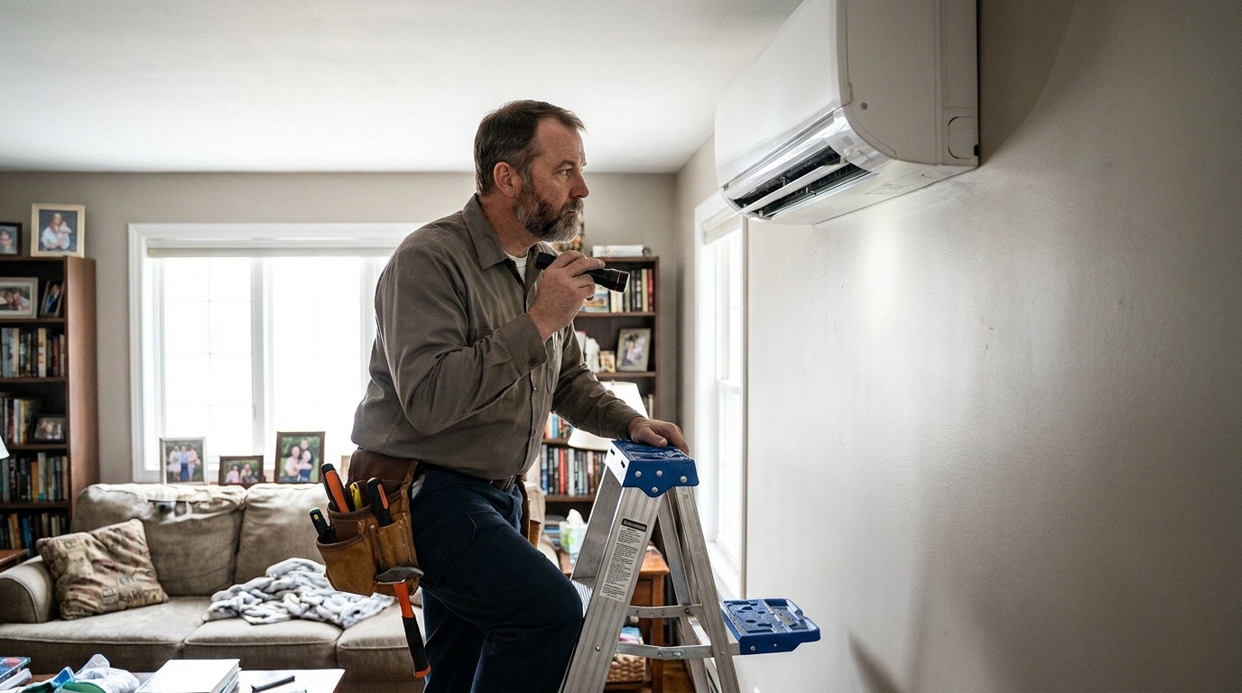Technician inspecting an indoor split air conditioner