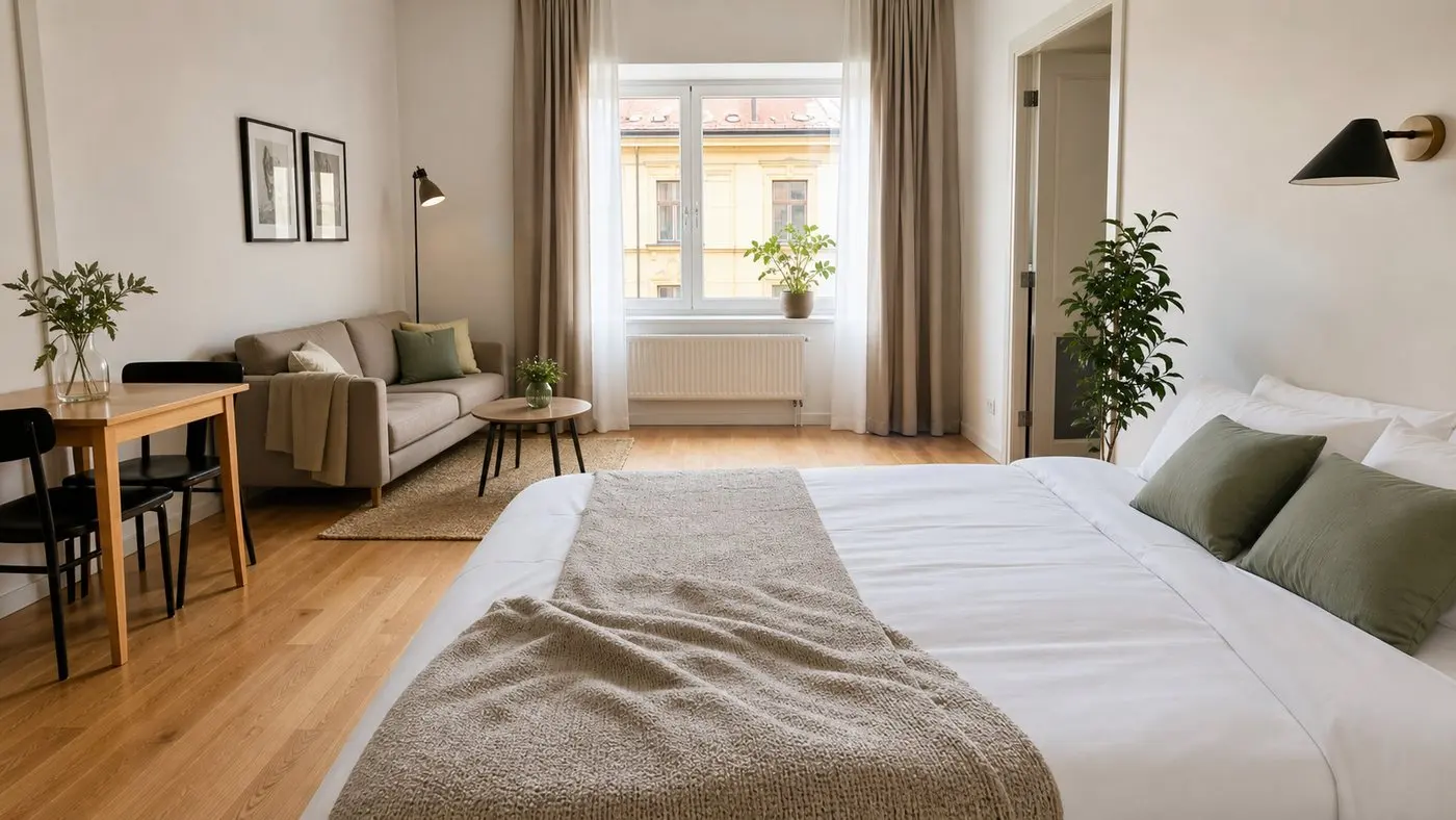 Airbnb turnover cleaning in summer Světlý apartmán pro krátkodobý pronájem s čistě ustlanou postelí a obytnou částí připravený pro dalšího hosta.