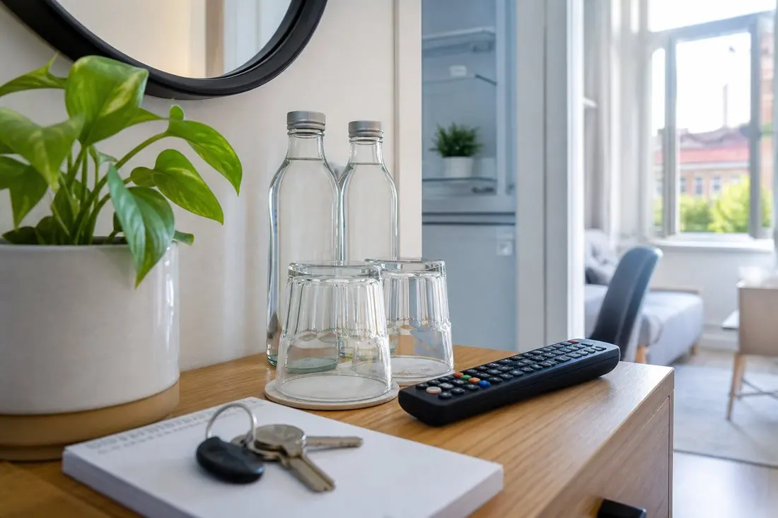 Finální kontrola detailů v apartmánu ukazuje očištěné zrcadlo, ovladač a připravený welcome prvek před příjezdem dalšího hosta.