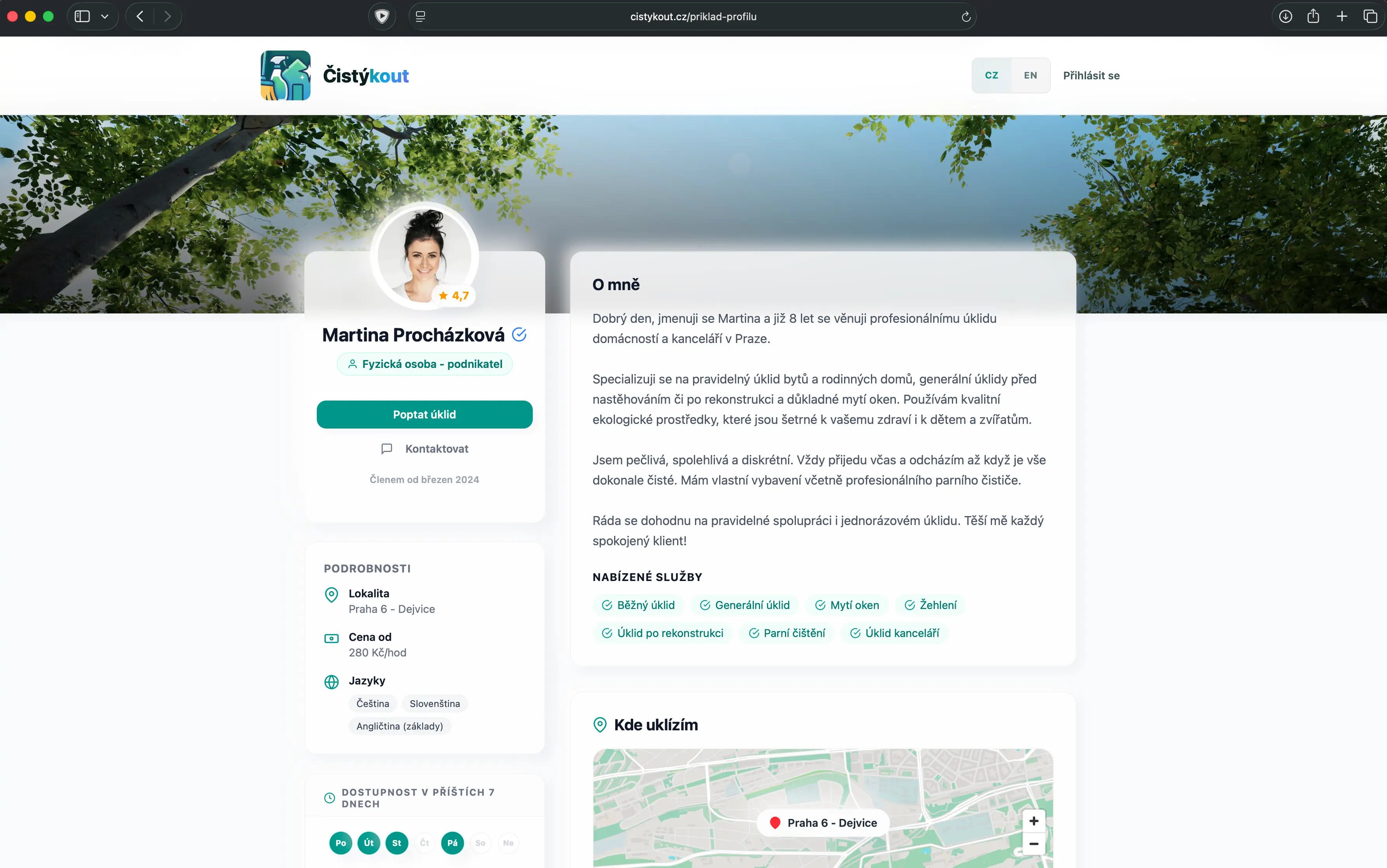demo profil paní na úklid na cistykout.cz