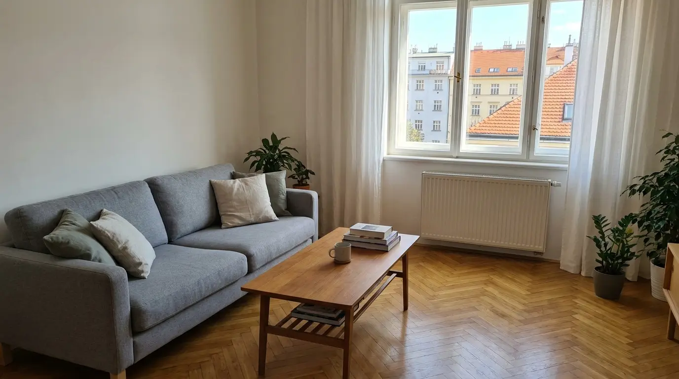 Prague apartment cleaning price Světlý pražský byt připravený po profesionálním úklidu.