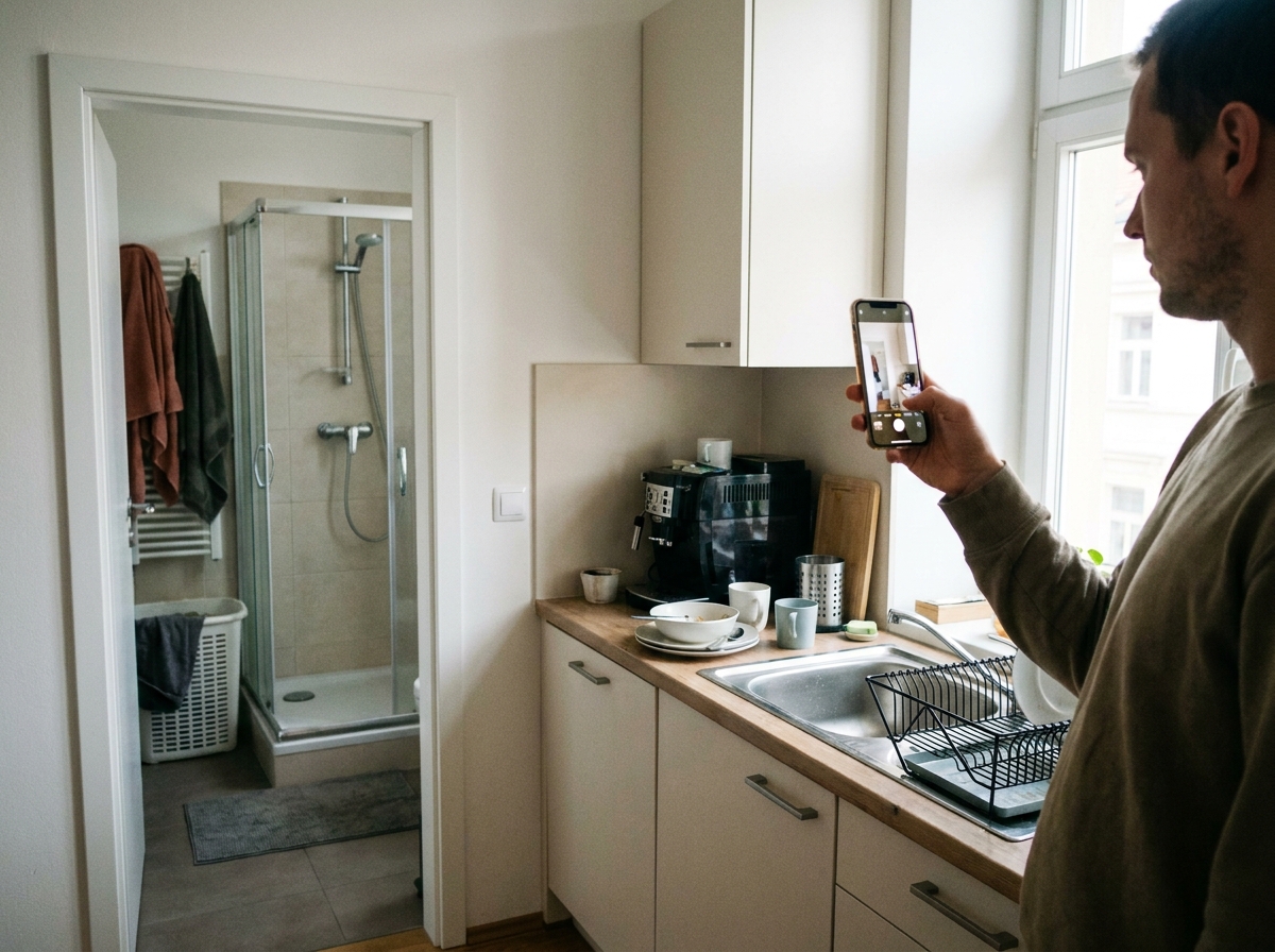 Klient posílá z telefonu fotografie koupelny a kuchyně pro přesnější nacenění úklidu.