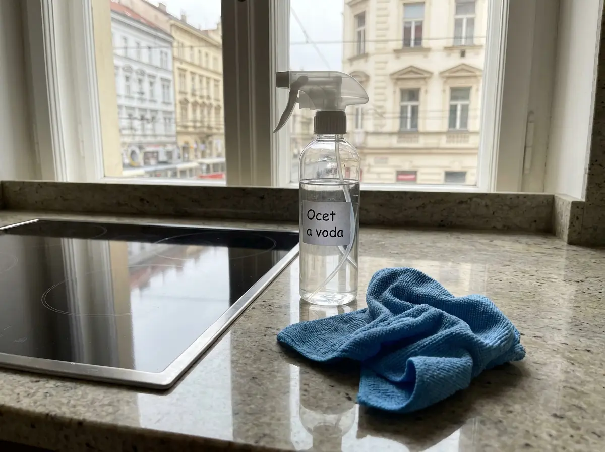 Detail uklizené kuchyňské linky v pražském bytě po běžném úklidu.