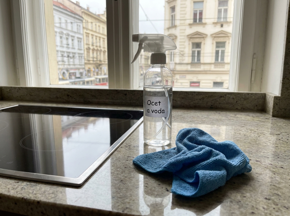 Detail uklizené kuchyňské linky v pražském bytě po běžném úklidu.