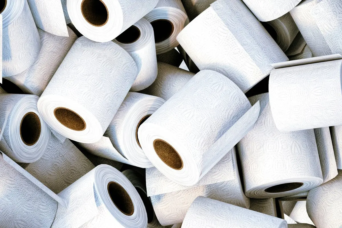 Srovnaná zásoba rolí toaletního papíru určená k doplňování kancelářského zázemí.