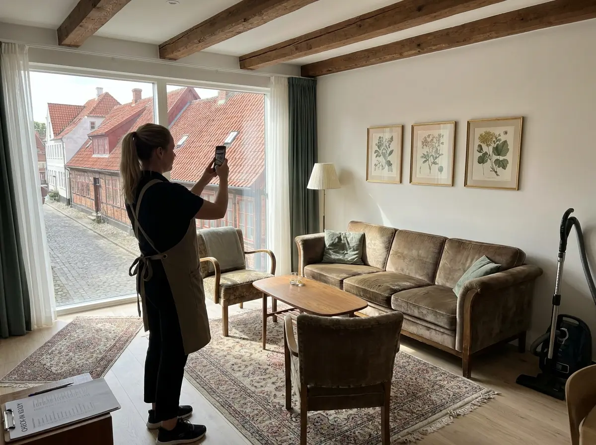 Uklízečka fotí hotový obývací prostor apartmánu jako součást předávací dokumentace po úklidu.