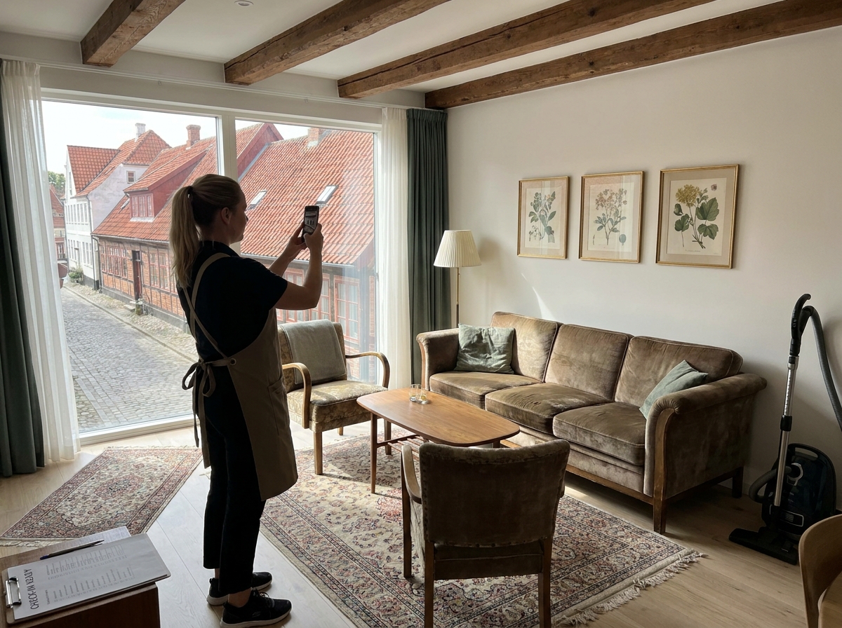 Uklízečka fotí hotový obývací prostor apartmánu jako součást předávací dokumentace po úklidu.