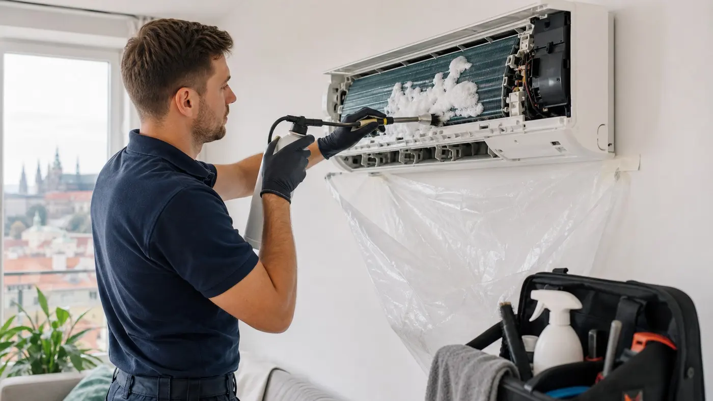 Servisní technik čistí otevřenou vnitřní jednotku klimatizace dezinfekční pěnou