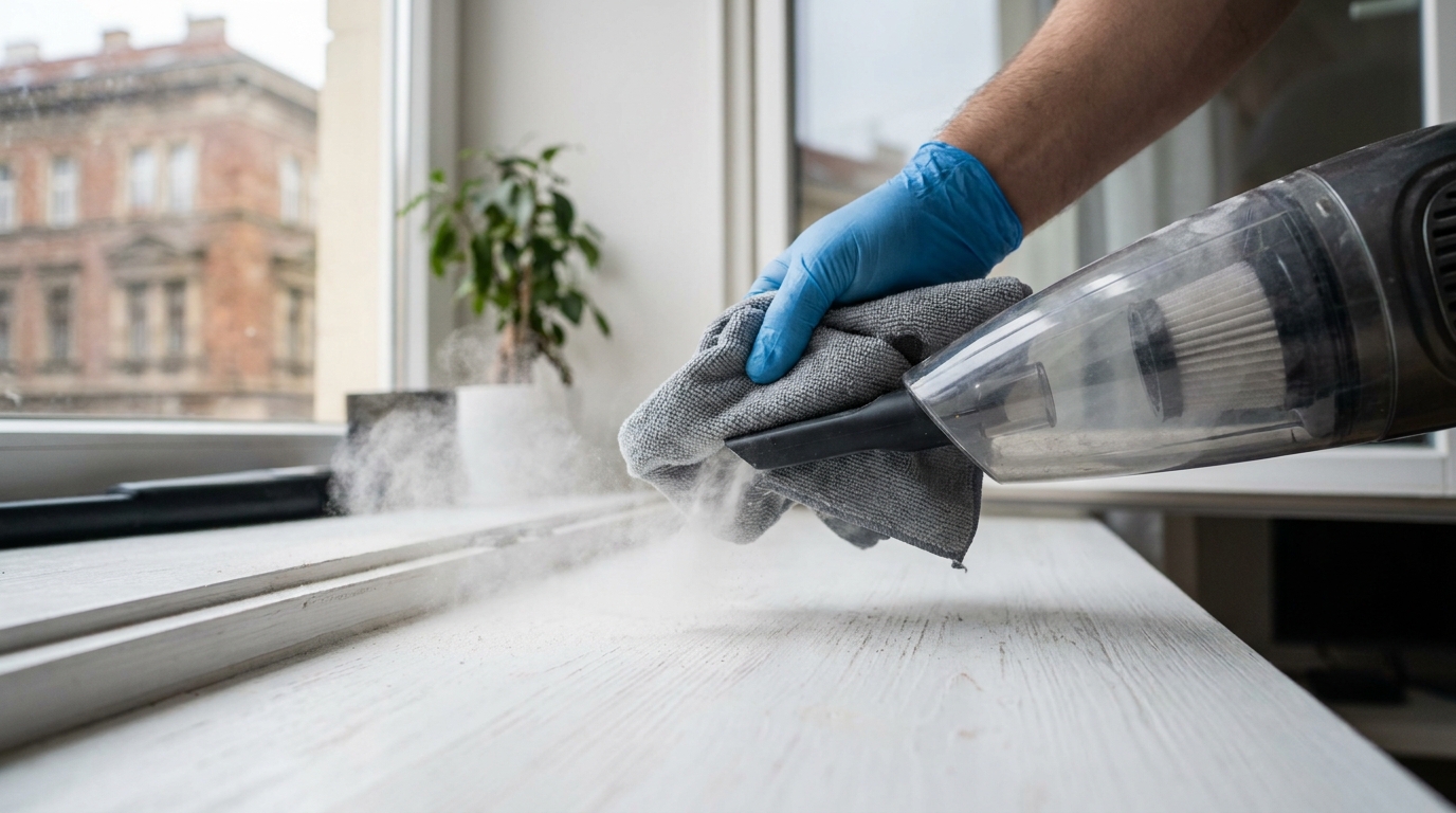 Microfiber cloth and HEPA vacuum removing fine dust from a painted apartment windowsill
