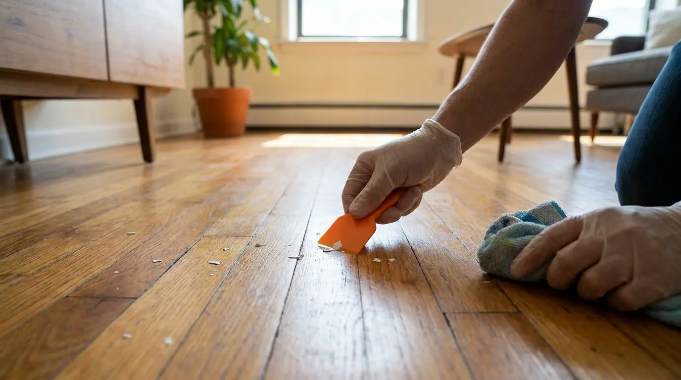 Small dried paint drops being lifted carefully from a wooden floor with a plastic scraper