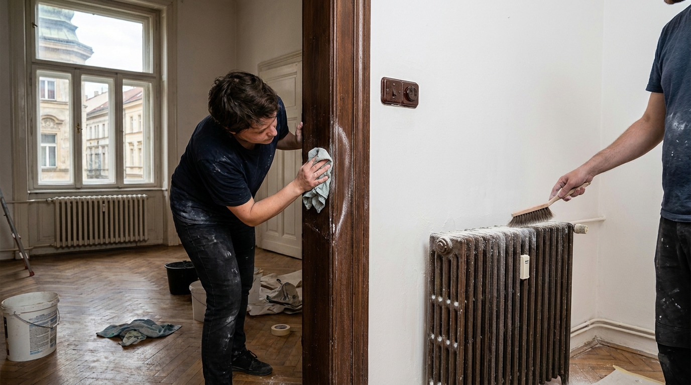Door frame, radiator and light switch being carefully cleaned after indoor painting
