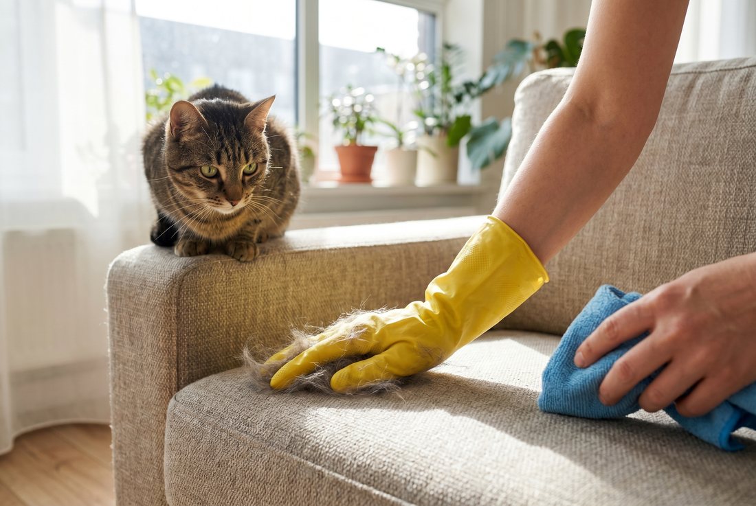 Removing cat hair from a sofa with a rubber glove