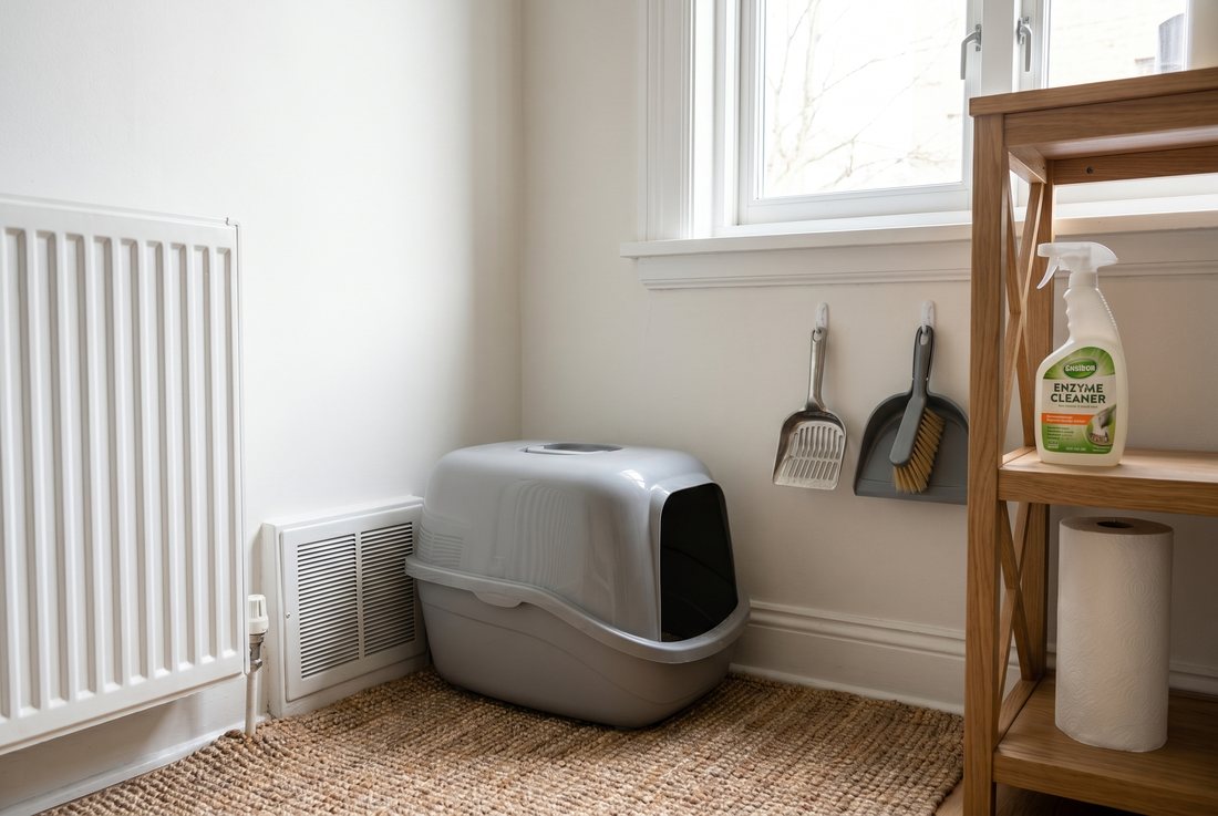 Clean litter box area with mat in a small apartment