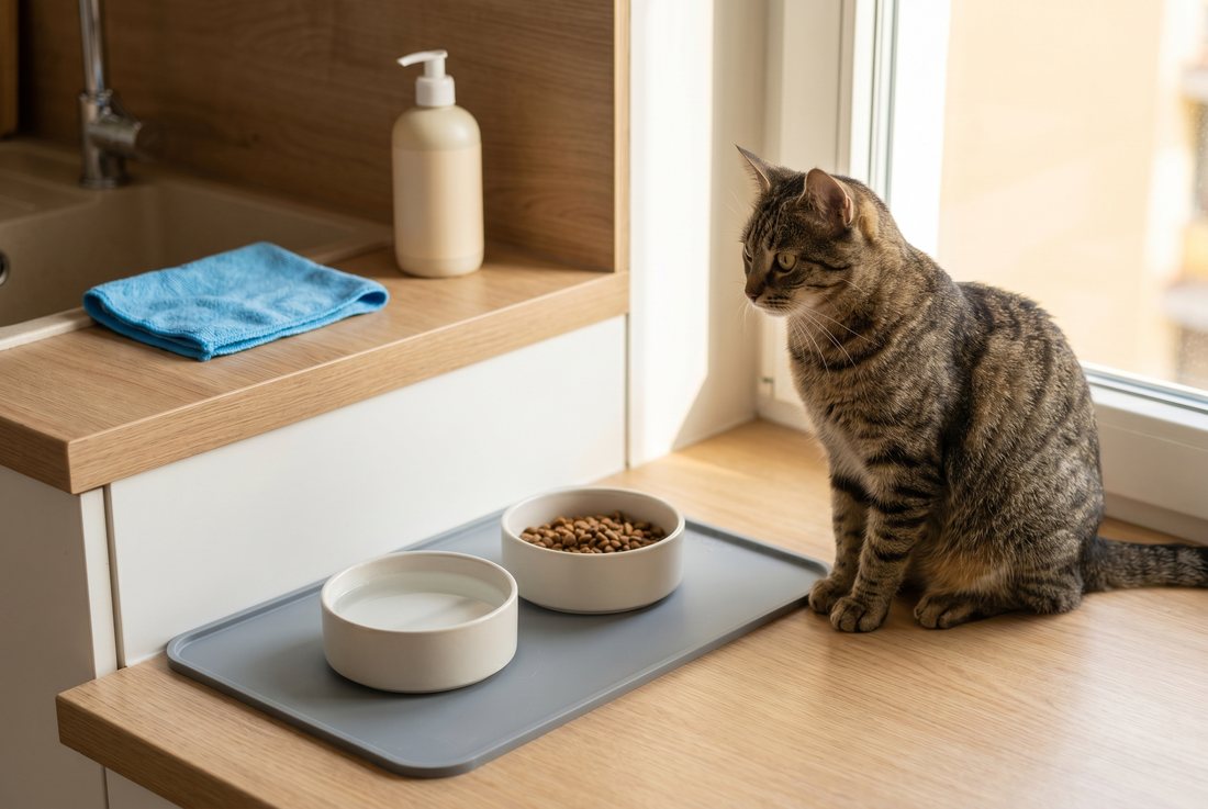 Clean cat feeding corner with bowls on a washable mat