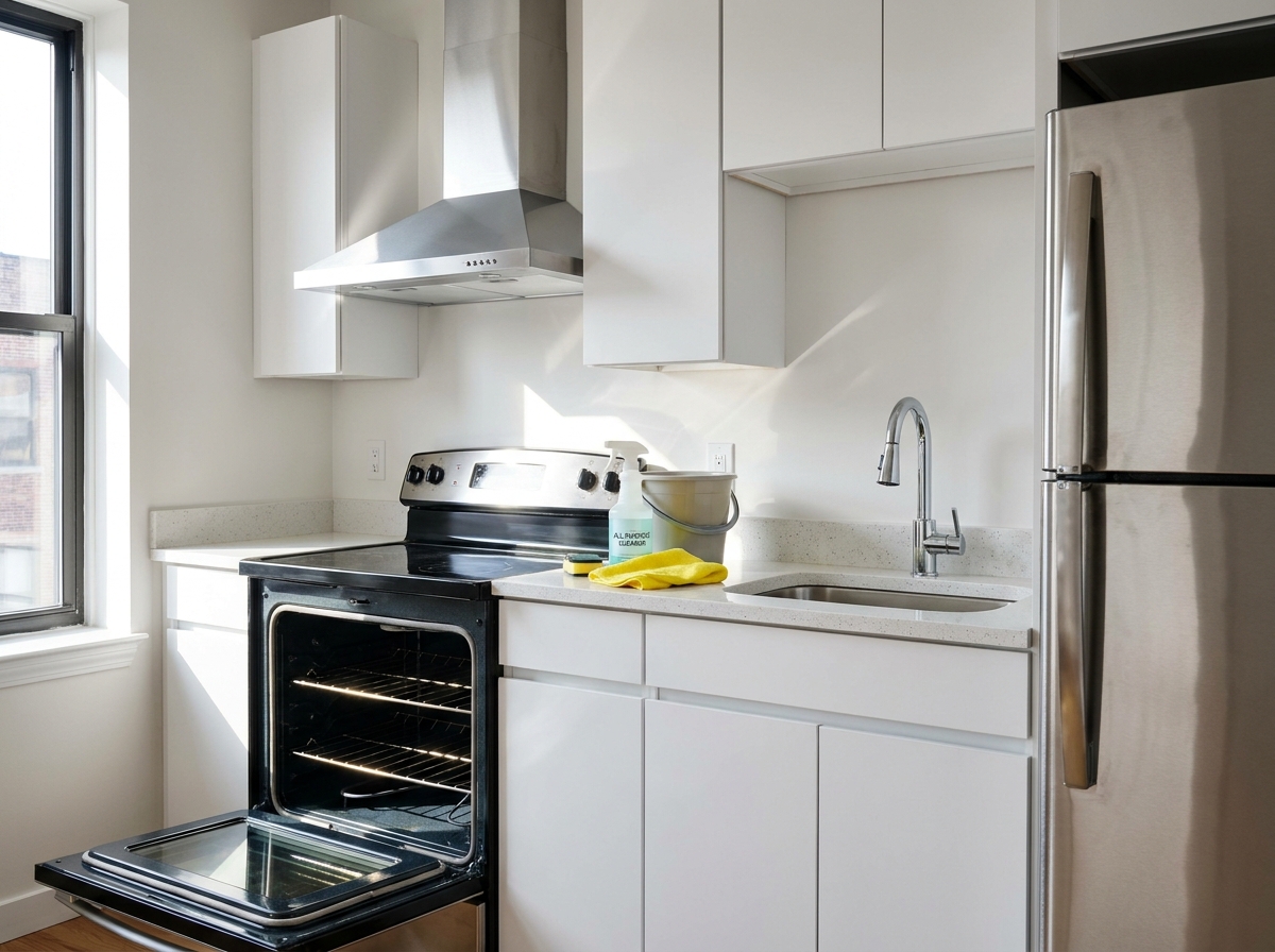 Cleaning the kitchen and appliances before boxes arrive