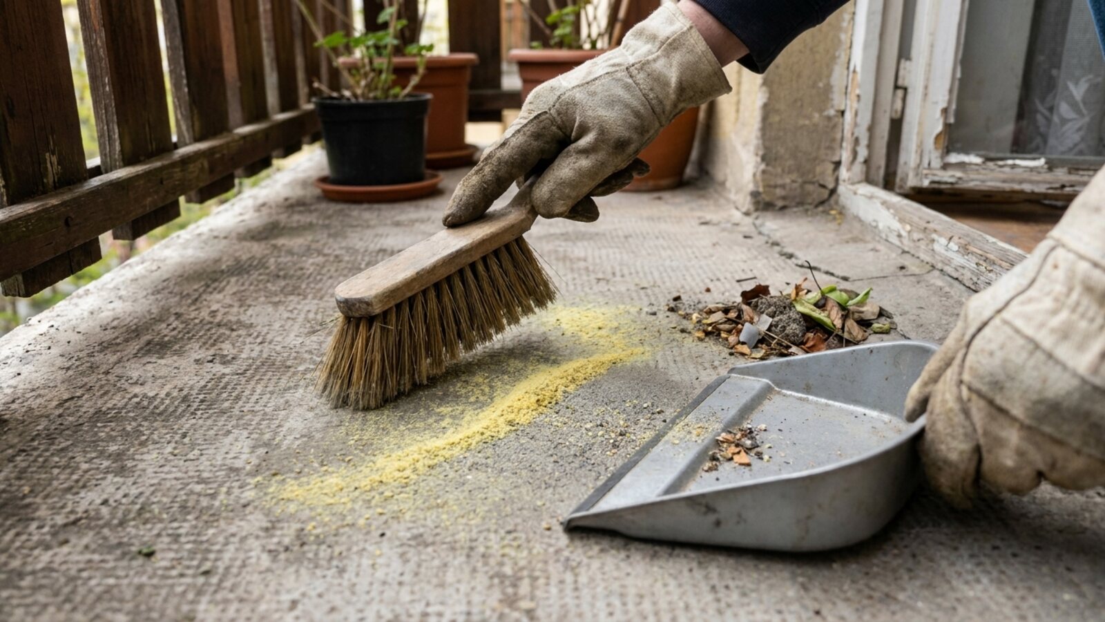 Gloved hands brush fine dust and pollen off the floor of an urban balcony.