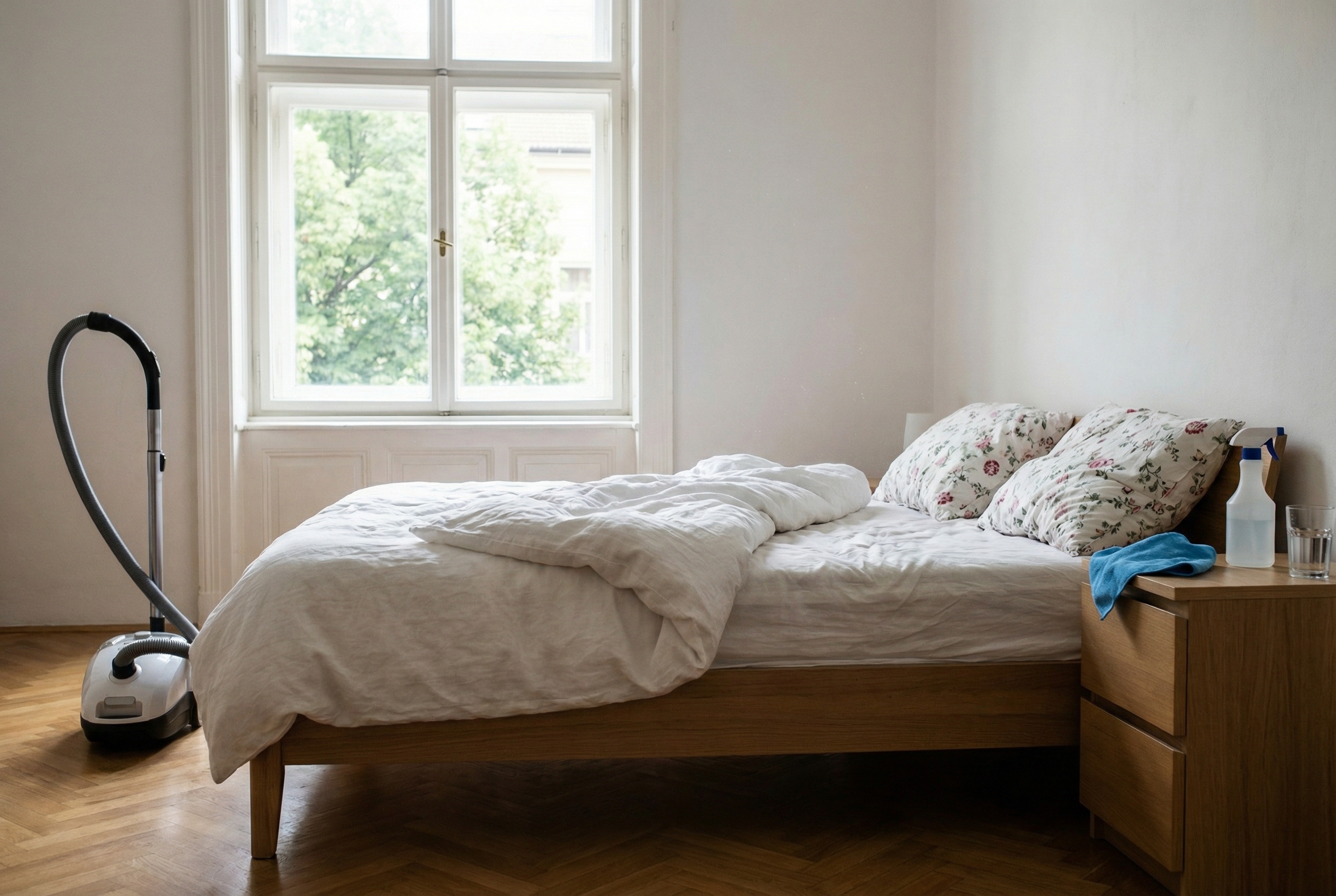 Bedroom prepared for gentle pollen-season cleaning with fresh bedding and vacuuming