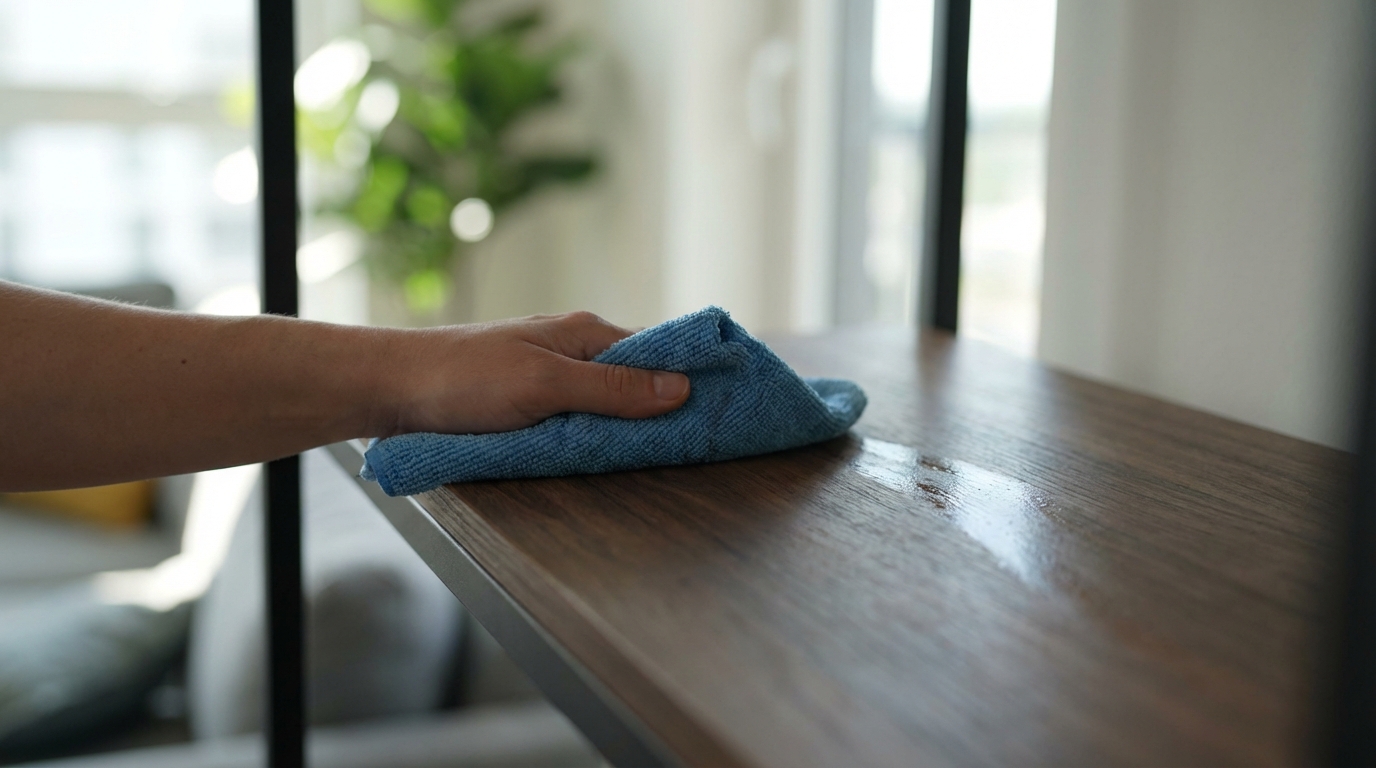 Wet dusting furniture with a microfiber cloth