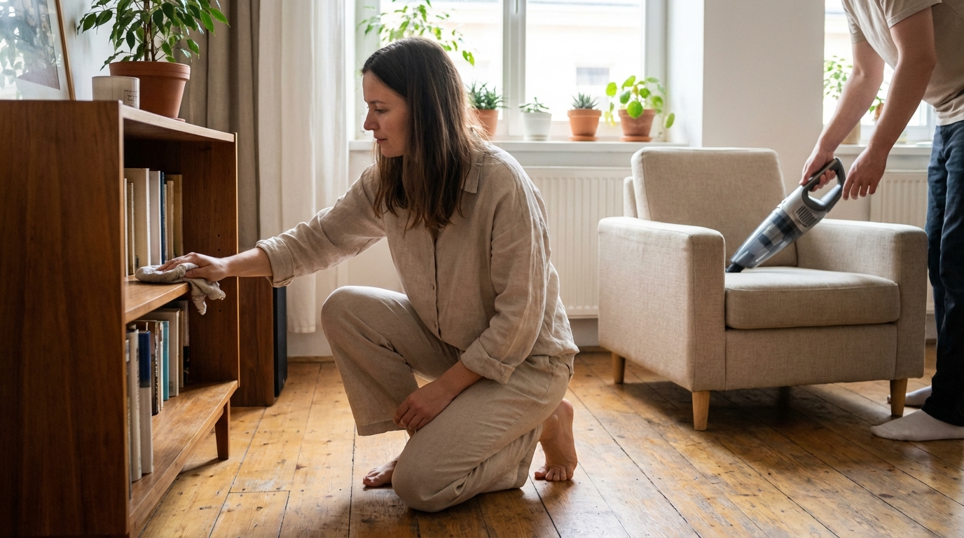 Cleaning shelves, textiles, or upholstery in a practical home setting