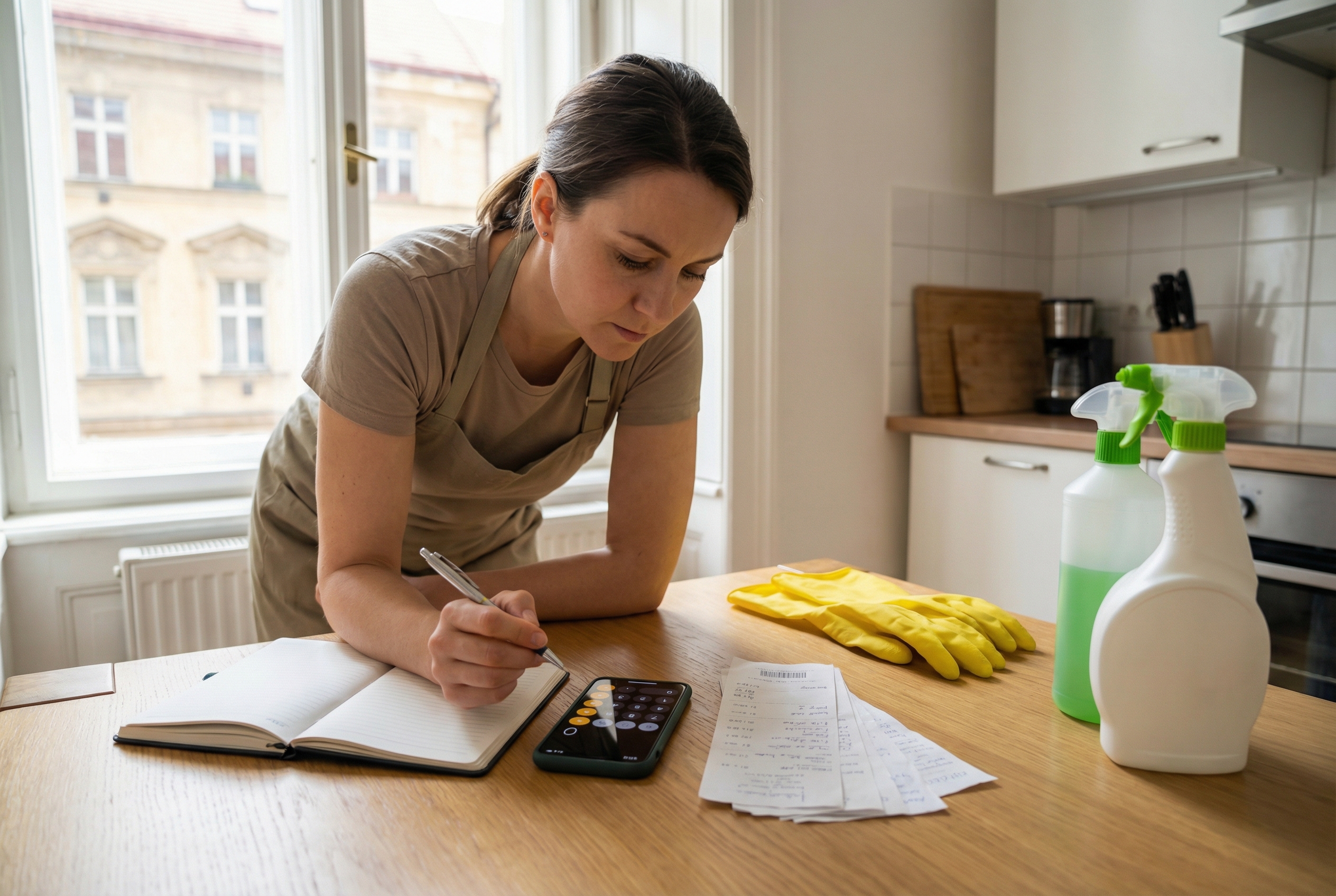 Small Czech cleaning business owner calculating cleaning service pricing with notes, phone and supplies on a table