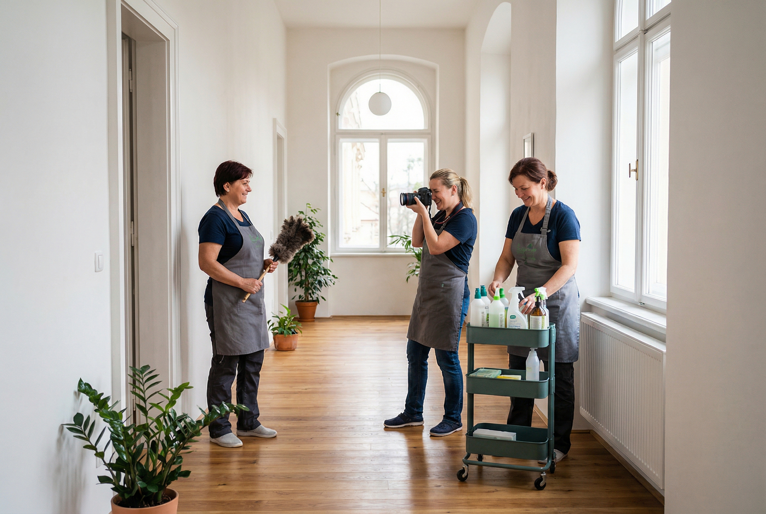 Cleaner preparing professional profile photos and equipment for an online cleaning service profile in a Czech apartment building