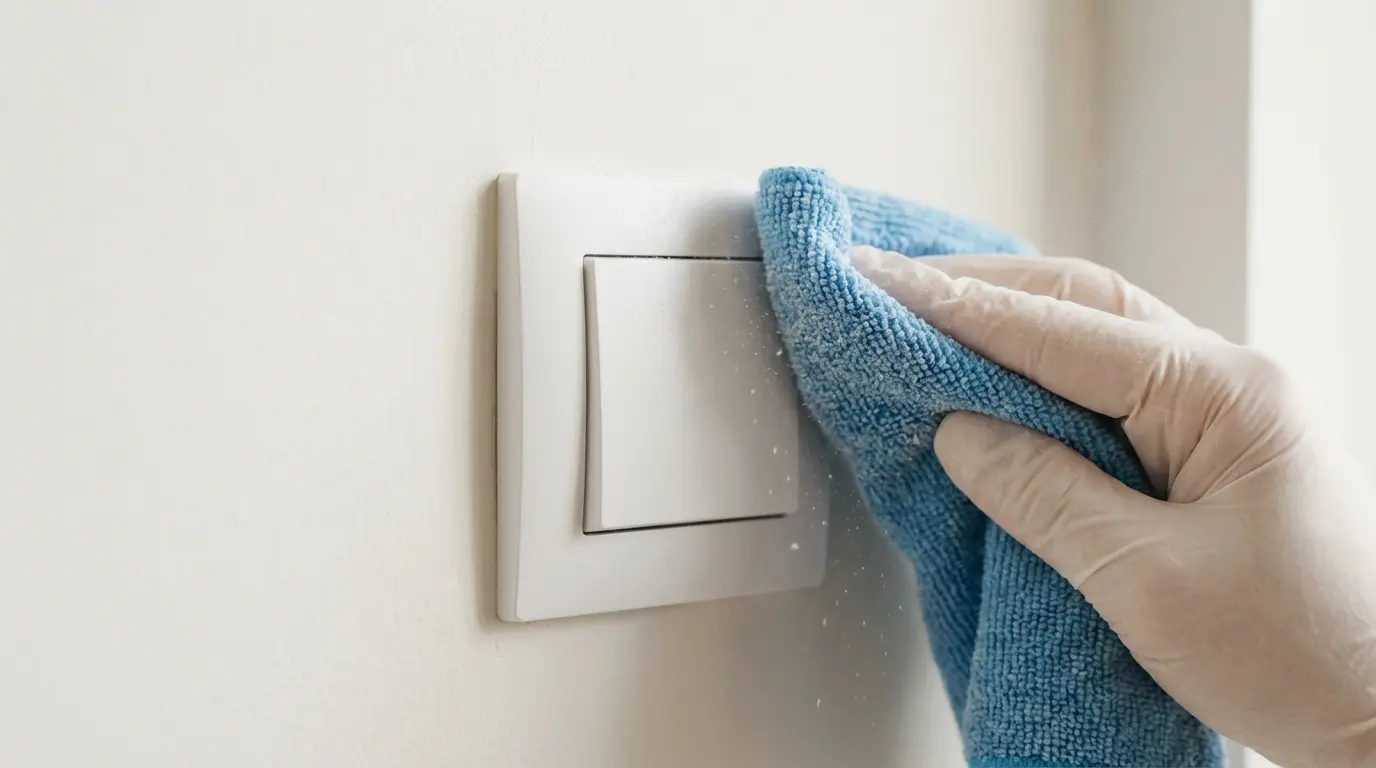 Detailní čištění bílého vypínače mikrovláknovou utěrkou
