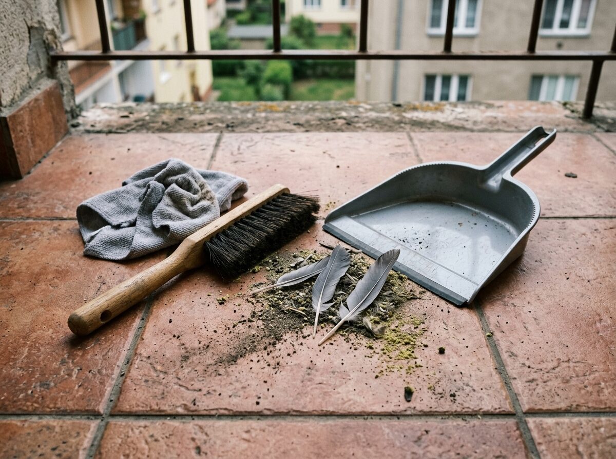 Rukavice a kartáč odstraňují jemný prach a pyl z dlažby městského balkonu.