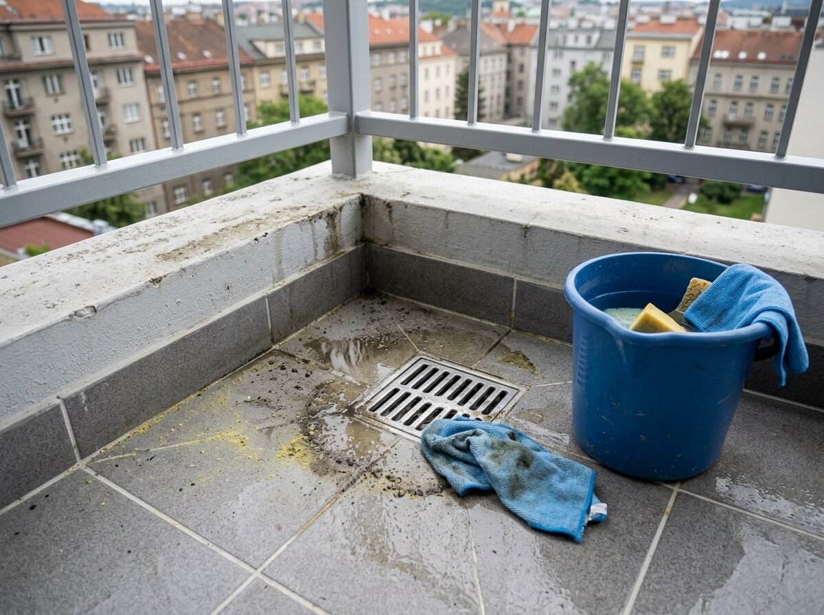 Detail čištění zábradlí a rohu u odtoku na balkoně v bytovém domě.