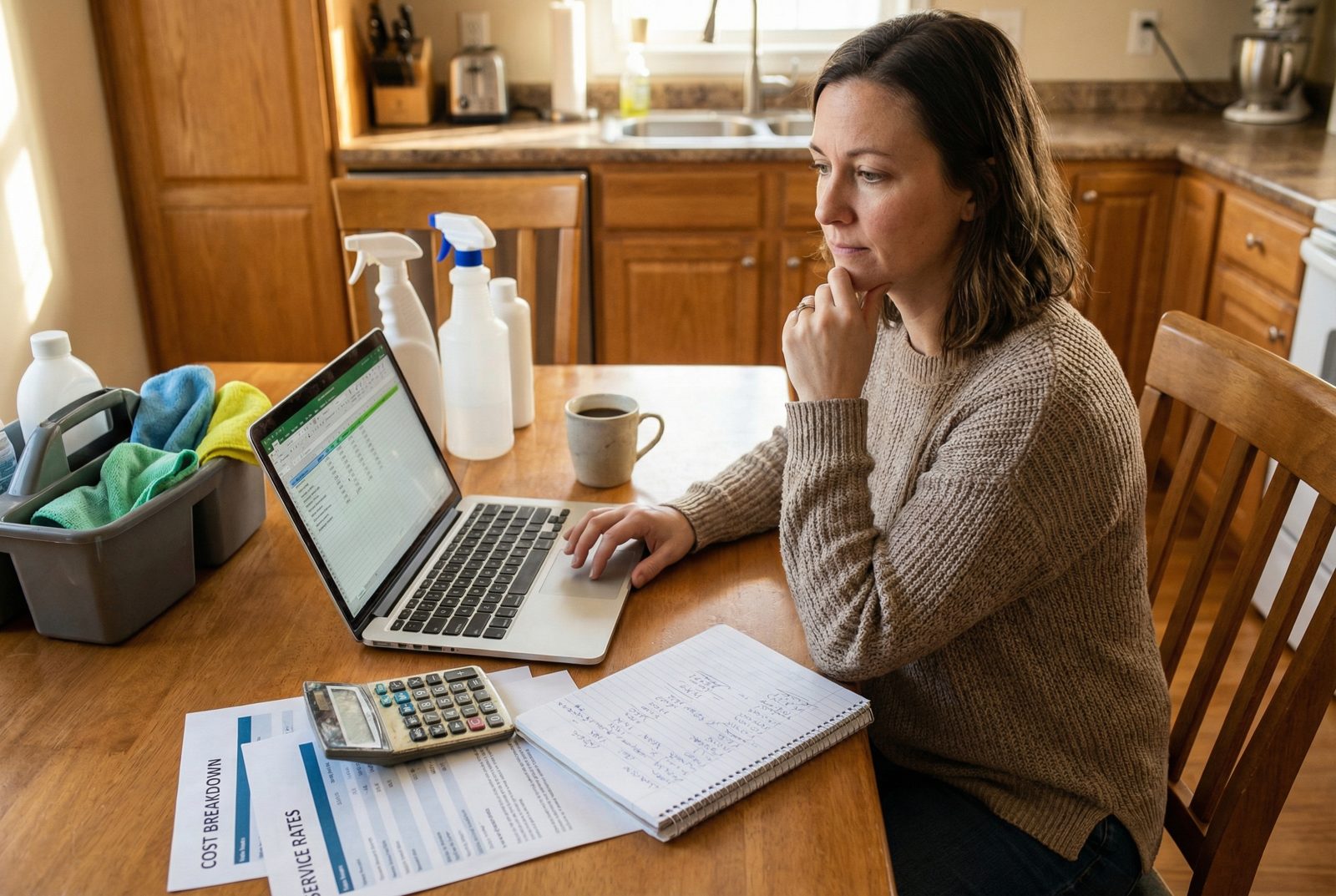 Majitelka malé úklidové služby plánuje první ceník u stolu s notebookem a kalkulačkou