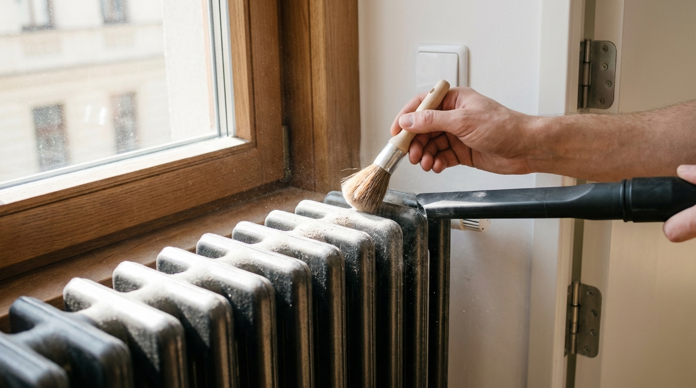 Jemný stavební prach v rámu okna, na radiátoru a kolem zásuvky při detailním čištění