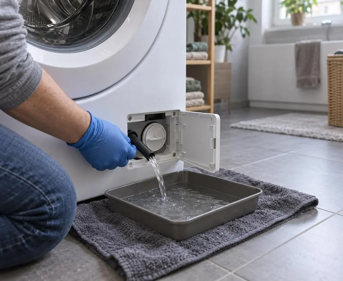 Bezpečné vypouštění vody z filtru pračky do nízké nádoby položené na ručníku.