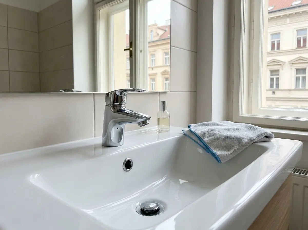 Čisté koupelnové zrcadlo, umyvadlo a baterie připravené na focení bytu