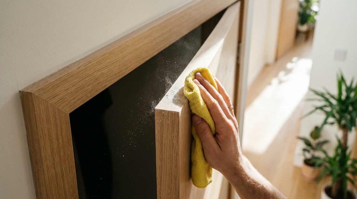 Moderní byt po rekonstrukci se zbytky ochranných fólií a stavebním prachem na podlaze