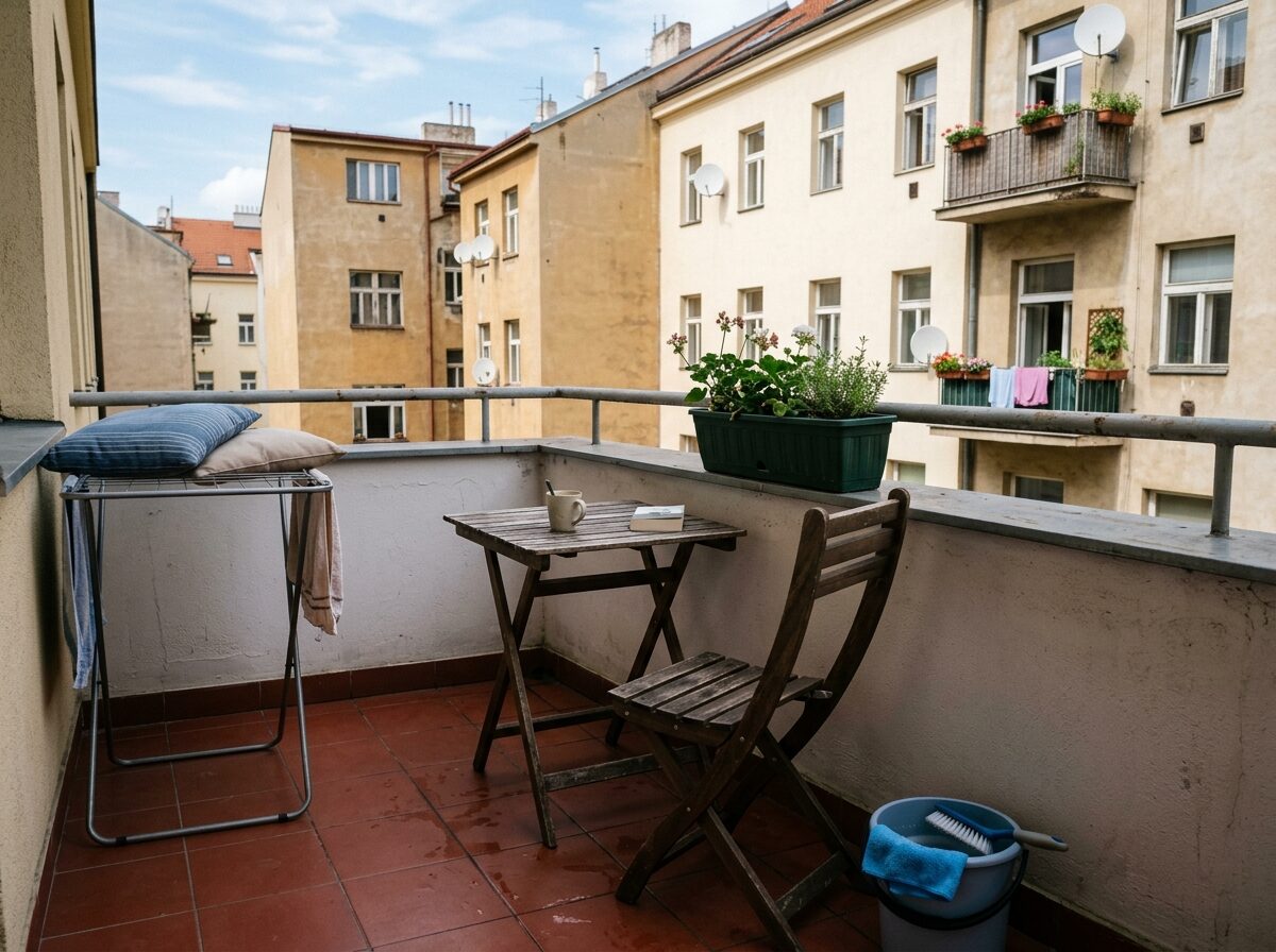 Čistý balkonový nábytek a polstry schnou ve stínu po jarním úklidu.