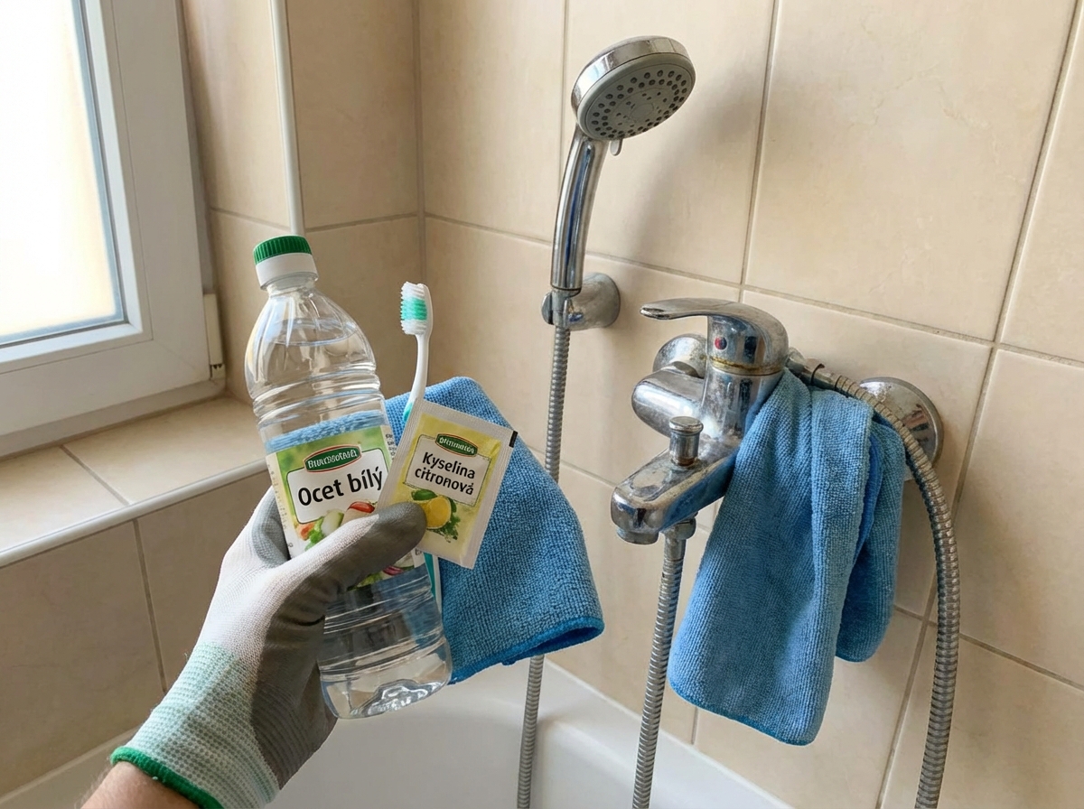 Detail of the showerhead and tools for safe removal of limescale.