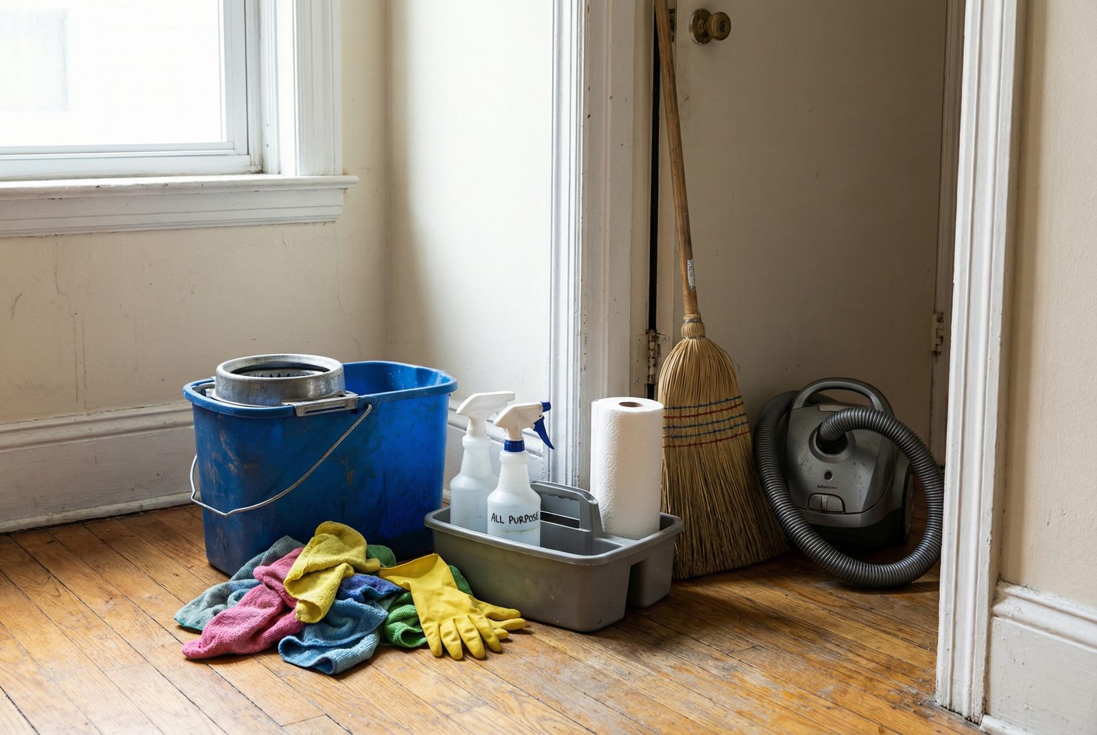 Základní sada úklidového vybavení připravená pro start malé úklidové služby