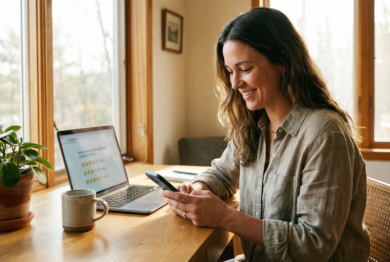 Majitelka úklidové služby vyřizuje zprávy a recenze od klientů přes telefon a notebook
