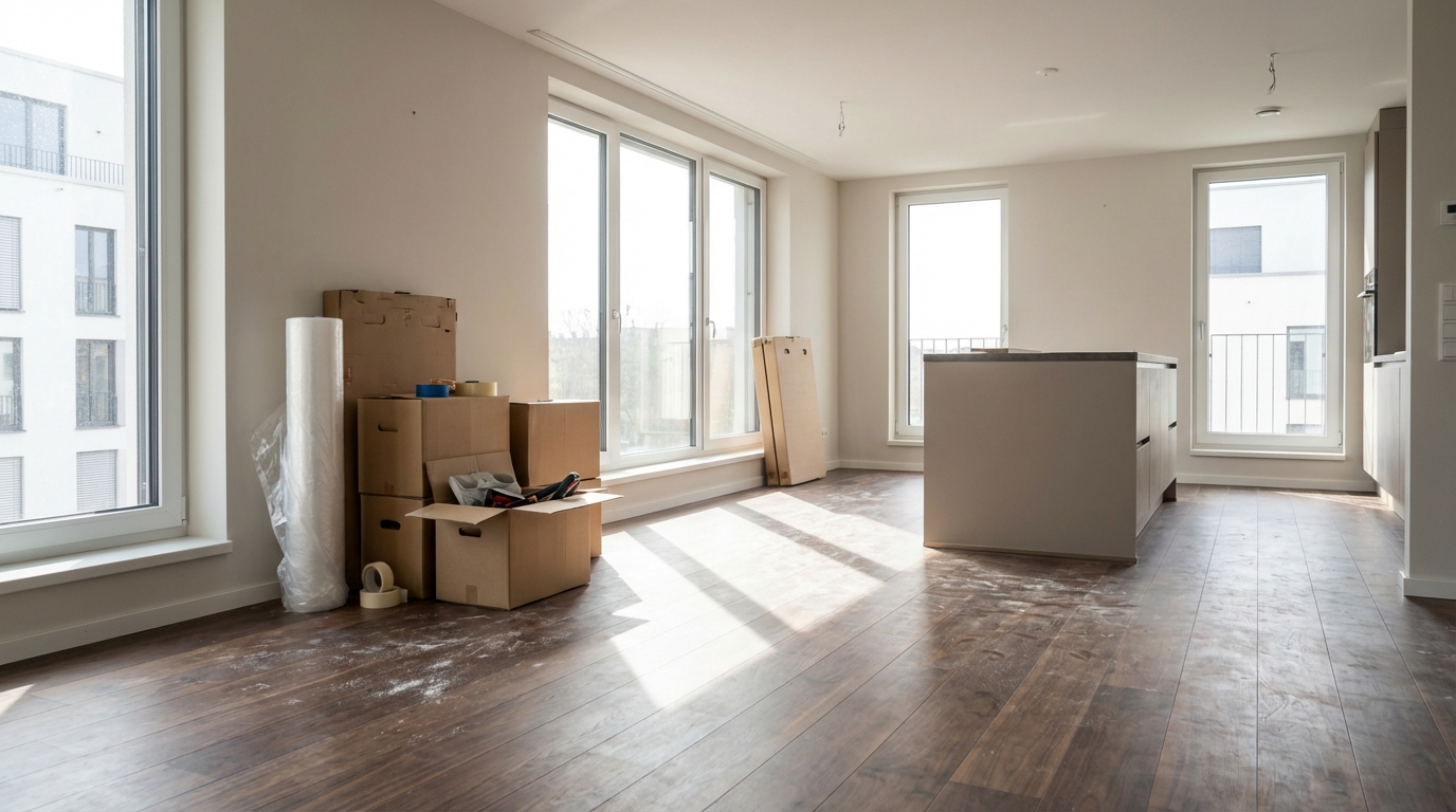 Ruka utírající žlutou mikrovláknovou utěrkou jemný prach z horní hrany bílých dveří