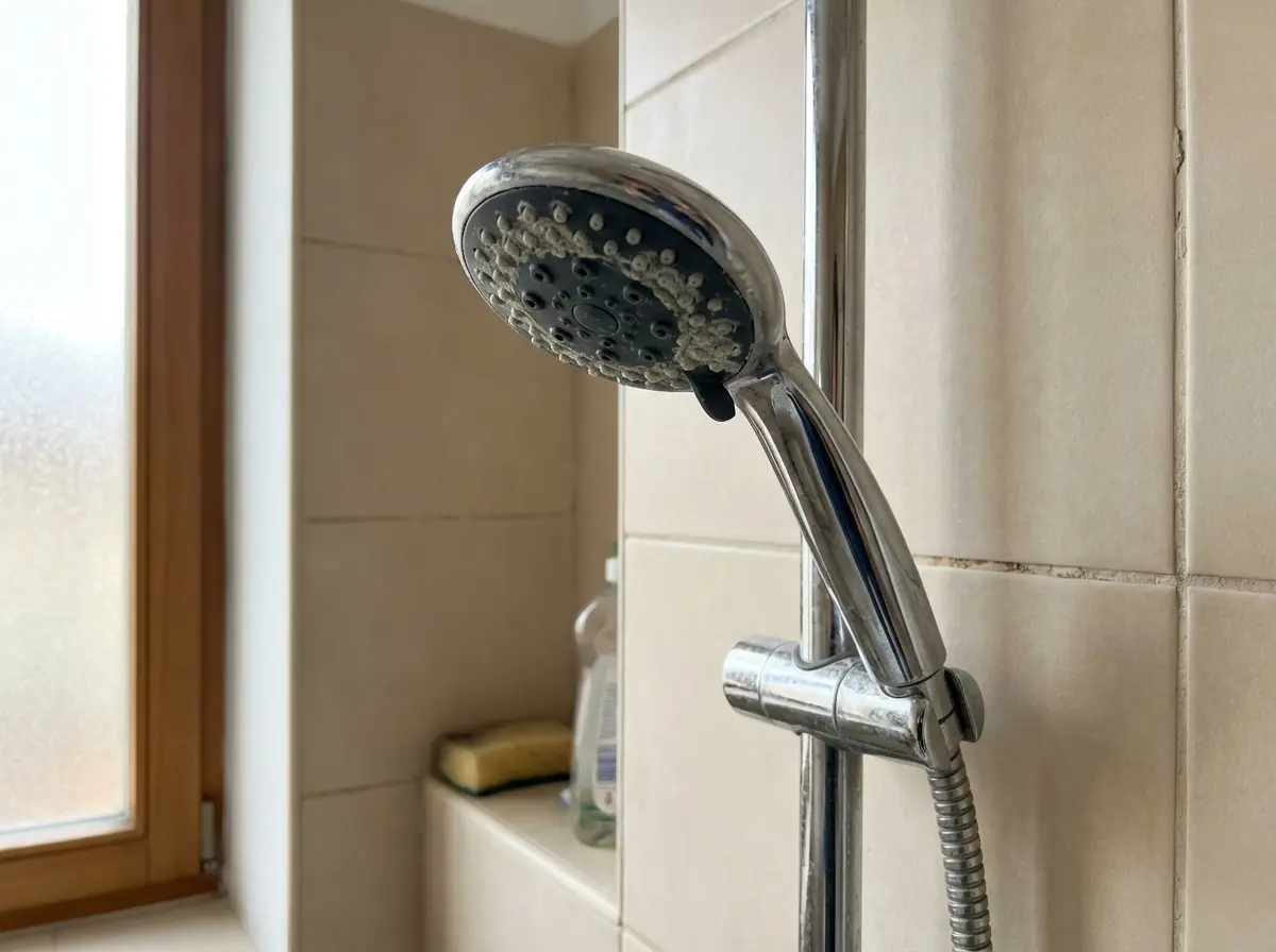 How to clean a shower head from limescale Sprchová hlavice s usazeným vodním kamenem připravená na čištění.