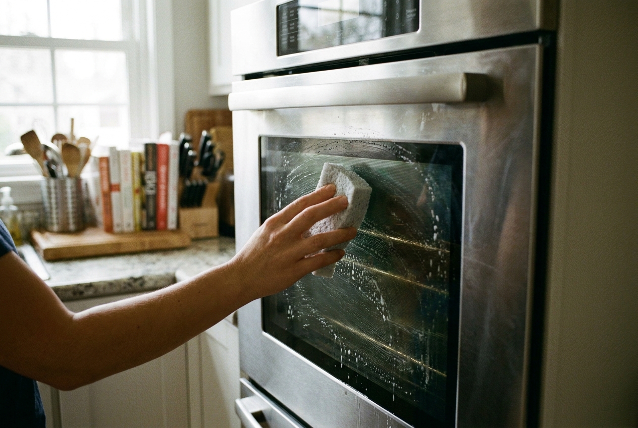 Cleaning an oven with a soft sponge and non-abrasive product
