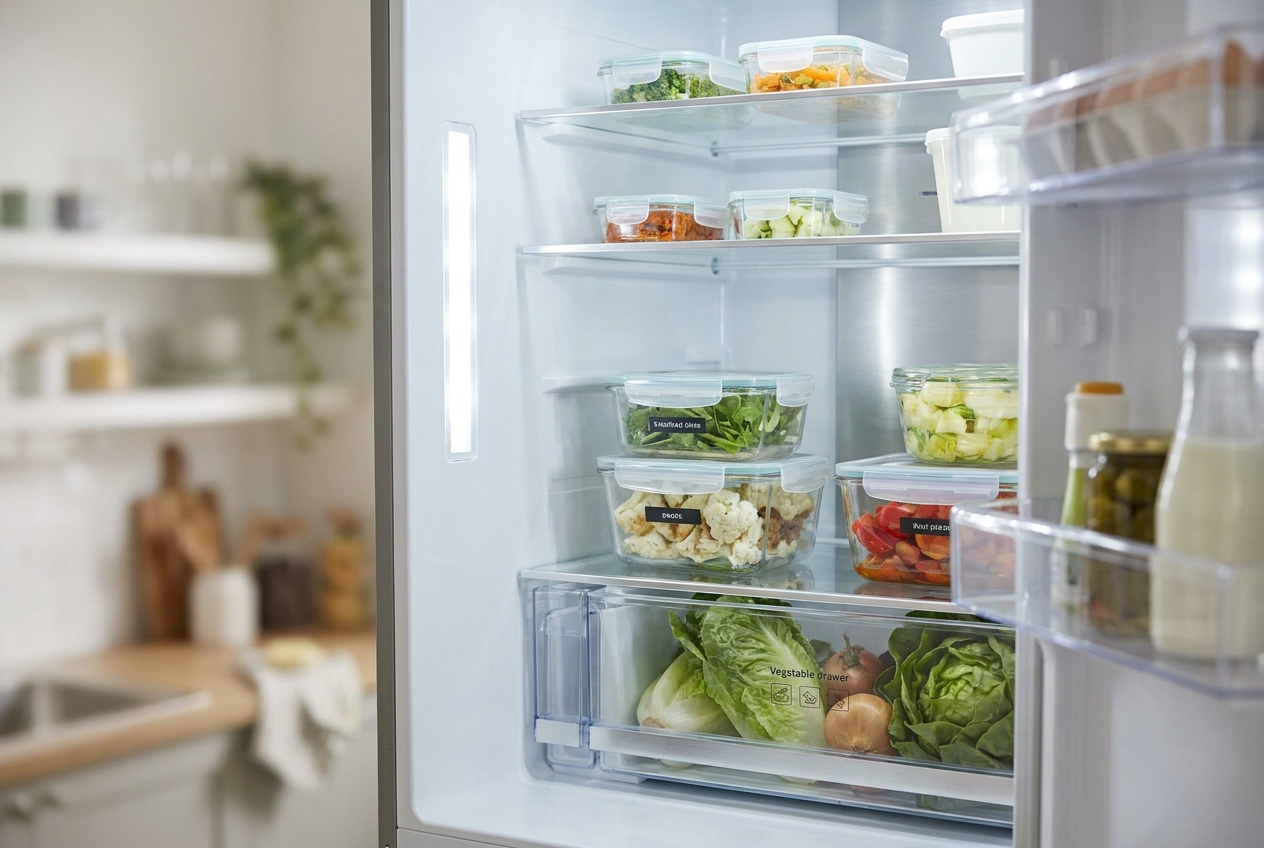 Organised fridge after a full hygiene reset