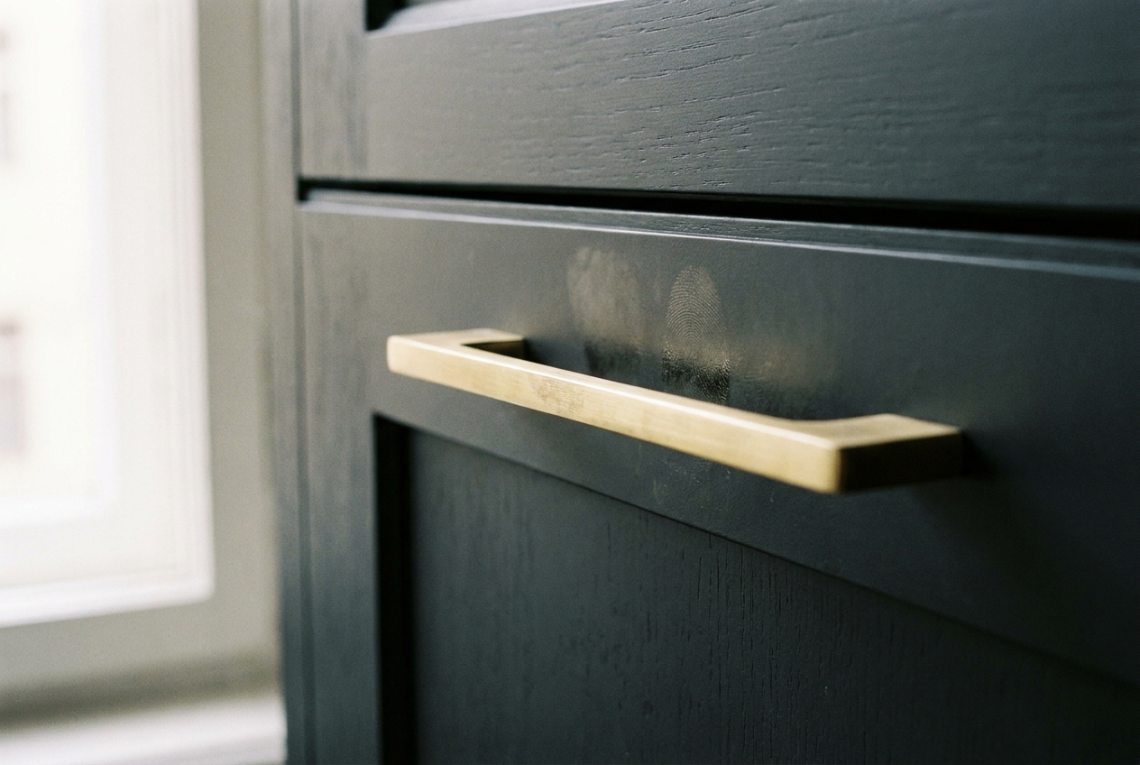 Grease buildup on kitchen cabinet fronts and handles