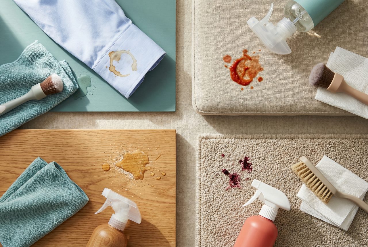Editorial composition of four surfaces—fabric, upholstery, wood, and carpet—with the right gentle tools for dried food stain cleaning.