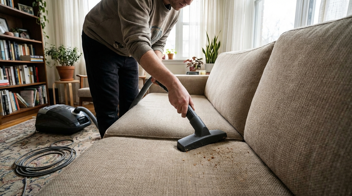 Vacuuming a fabric sofa with an upholstery attachment before spot cleaning