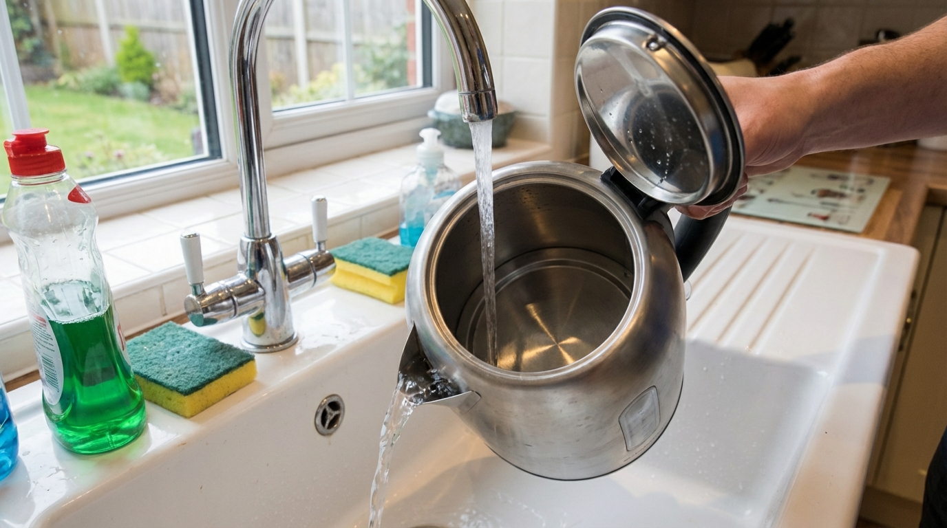 Rinsing an electric kettle thoroughly with clean water after descaling